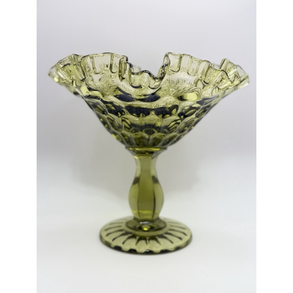 Vintage Fenton Colonial Green Thumbprint Ruffled Edge Pedestal Compote 7" Tall